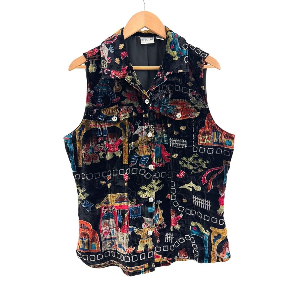 Chico's Size 2 = Large/12 Velvet Printed Sleeveless Top Collared Button Shirt
